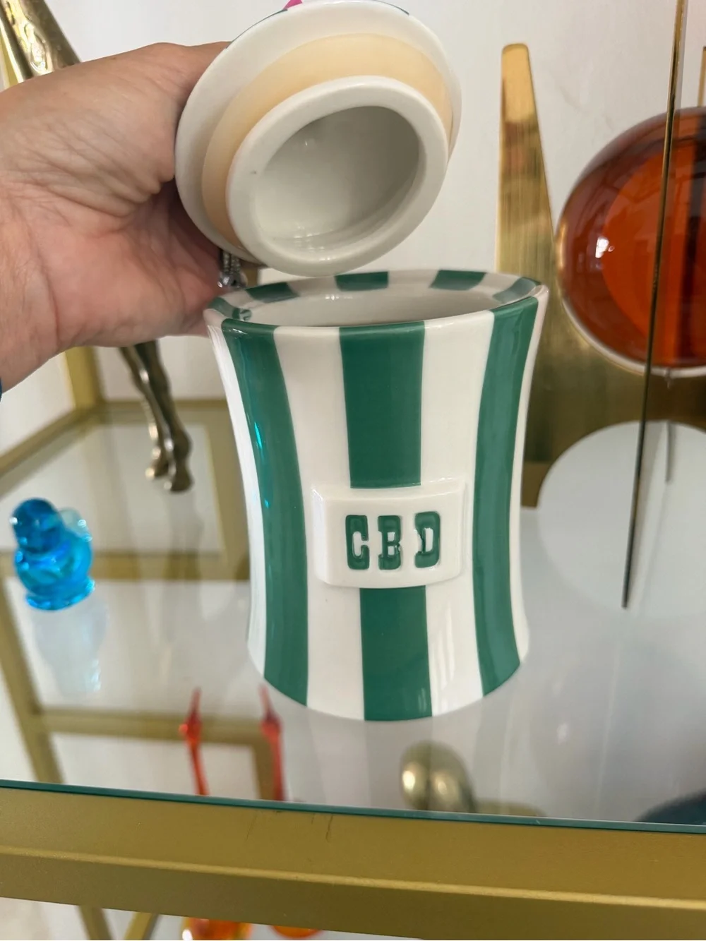 Jonathan Adler vice Green and White Striped Ceramic CBD Canister